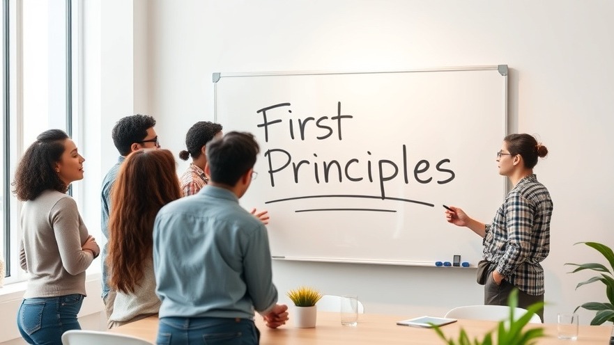Diverse team brainstorming 'First Principles' in a modern office for innovative problem solving.