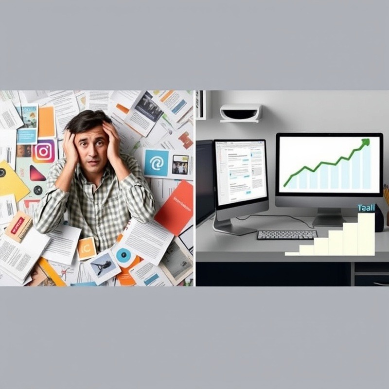 A split-screen image: on one side, a confused person surrounded by scattered marketing materials; on the other, the same person confidently managing an organized email marketing campaign on a computer, with a graph showing rising revenue.
