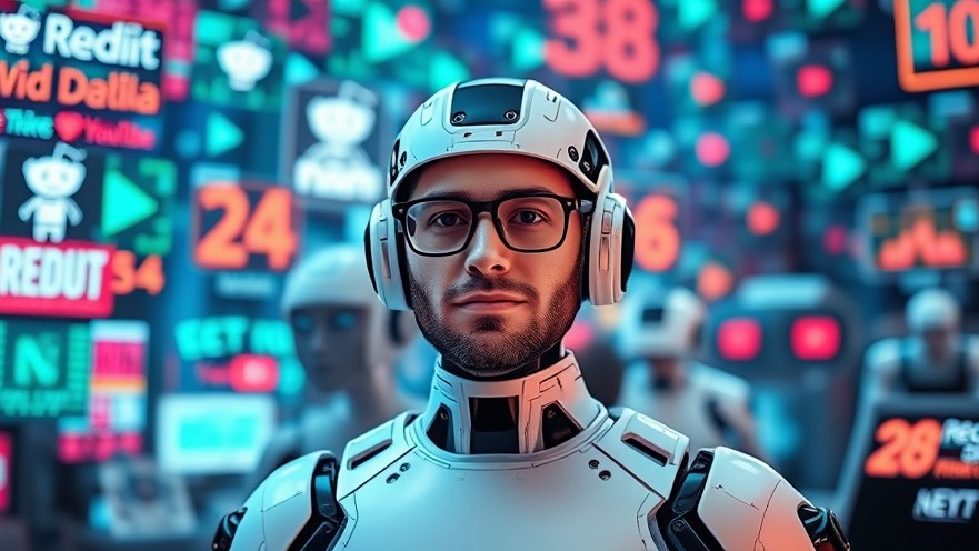 Futuristic AI bots extracting data from Reddit, Wikipedia, YouTube; business owner smiling.