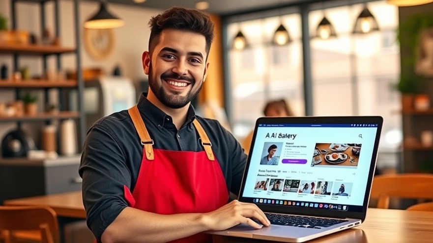 Small bakery owner proudly showcasing AI search results for their business.