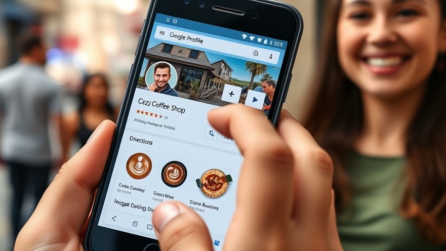Smartphone with optimized Google Business Profile for Cozy Coffee Shop, showcasing 5-star reviews and inviting latte art.