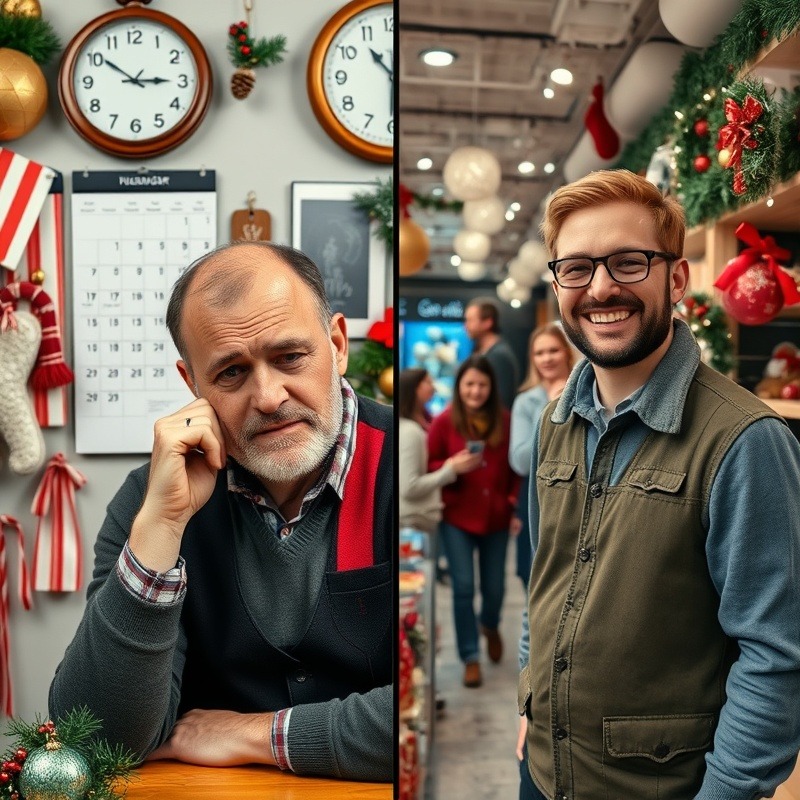 A split-screen image: one side showing a stressed business owner surrounded by a calendar, clock, and holiday decorations, the other side showing the same owner smiling with customers in a festively decorated store.