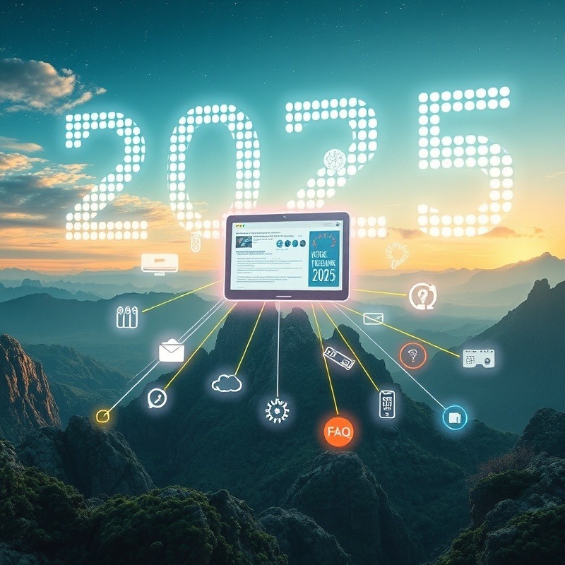 A futuristic digital landscape with a website rising above others, surrounded by holographic schema markup symbols and search result snippets. The website emits beams of light representing different types of structured data (product stars, event calendars, FAQ boxes, article cards) connecting to various devices like smartphones, smart speakers, and augmented reality glasses. In the background, a large "2025" floats in the sky, made up of binary code and SEO-related keywords.