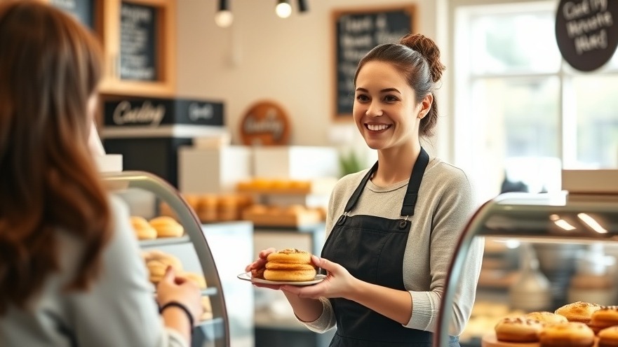 Cheerful bakery owner serving fresh pastry in a cozy, bright shop.