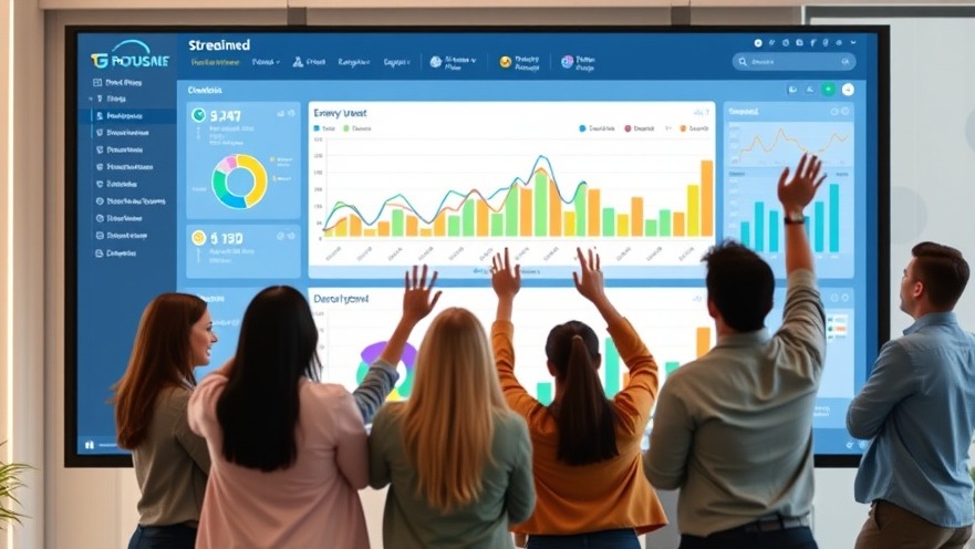 A digital dashboard showcasing operational excellence with charts, as a team celebrates efficiency.
