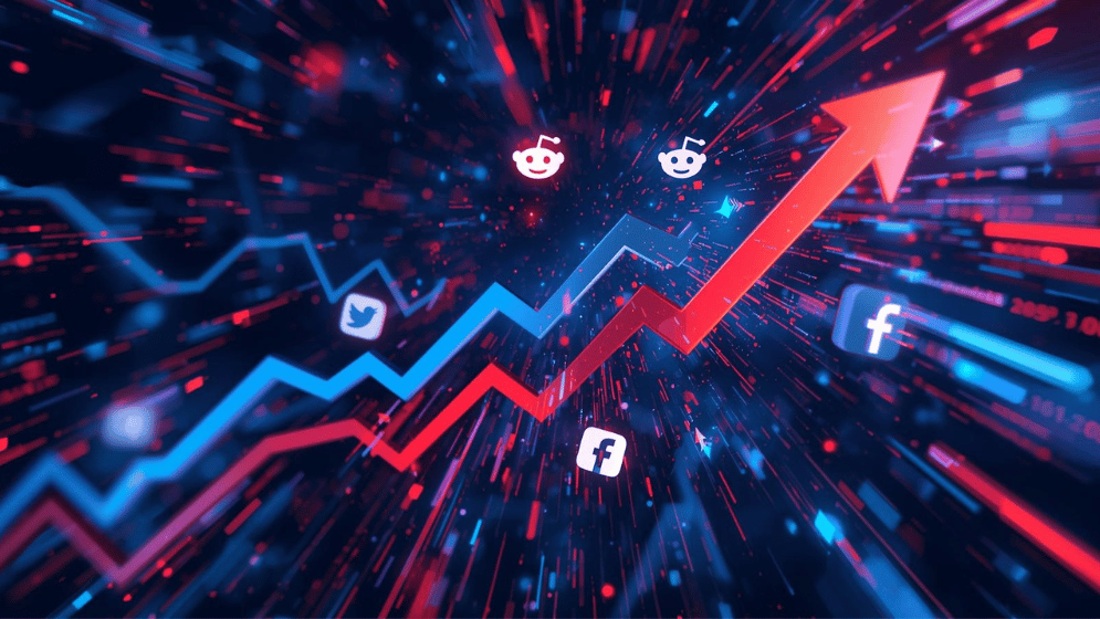 Dynamic growth chart of Reddit overtaking Facebook traffic with vibrant colors.