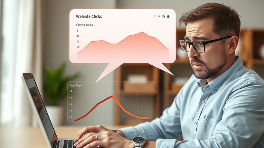 Frustrated small business owner analyzing declining website clicks with AI insights.