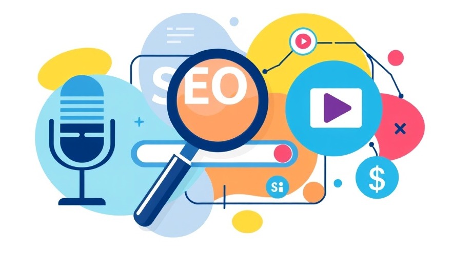 Vibrant graphic showing interconnected digital marketing elements: podcast mic, SEO search bar, play button, and ROI dollar sign.