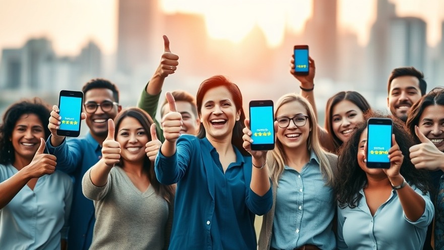 Diverse group celebrating with 5-star reviews in a vibrant cityscape.
