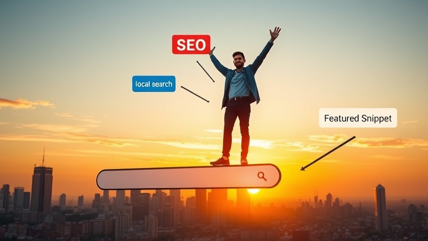 Small business owner conquering Google search for SEO success against a sunset skyline.
