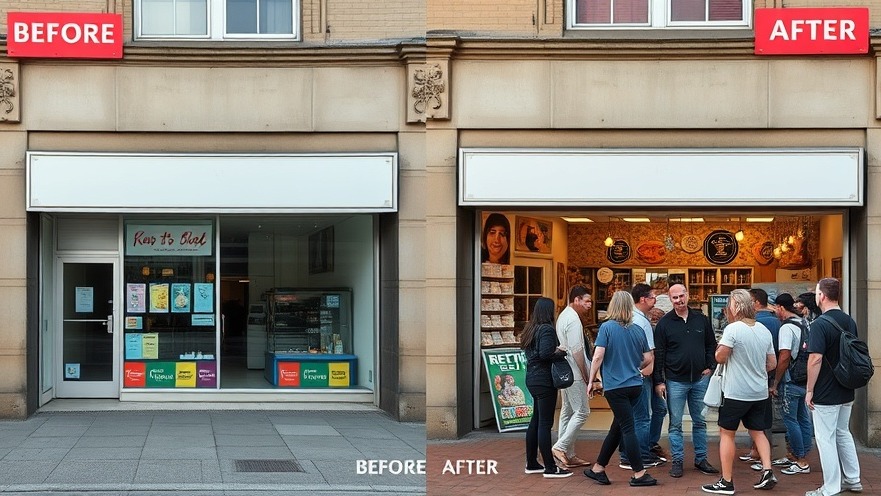Before-and-after of a small business storefront: empty vs. thriving with Reddit-inspired customers.