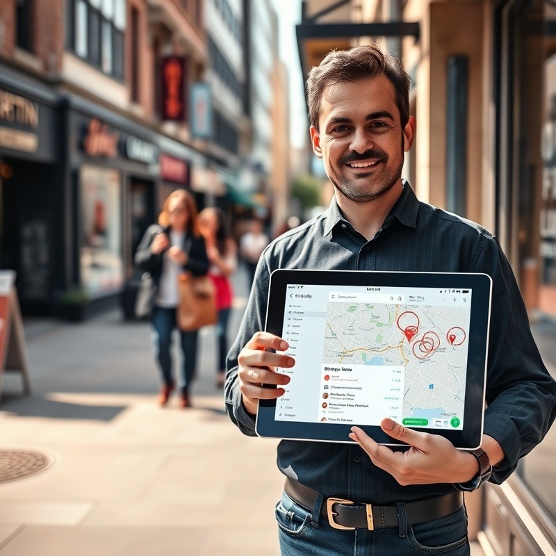 Image of a business owner holding a tablet showing how he is dominating the local market