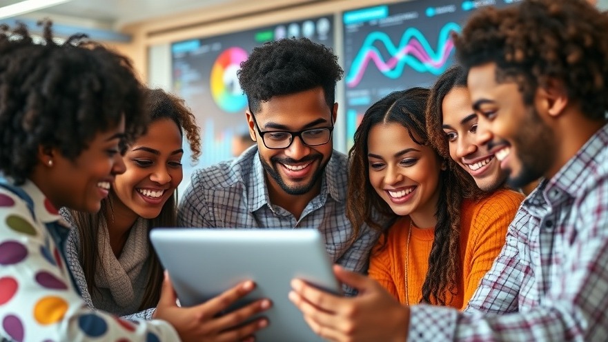 Diverse marketers collaborating on AI marketing in a vibrant, modern office.