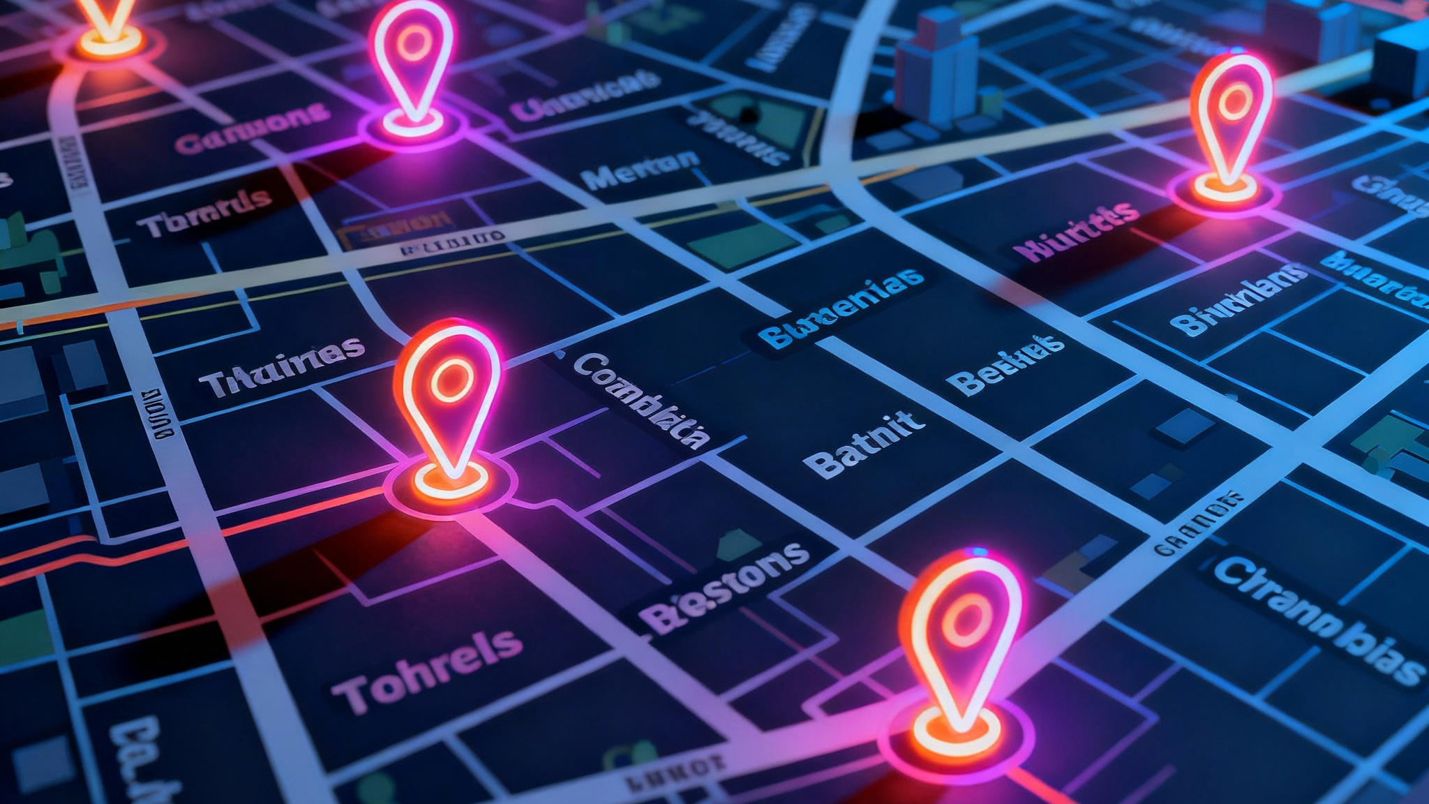 A city map zoomed in with glowing markers highlighting top-ranked businesses.
