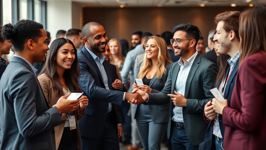 Business networking event with diverse professionals exchanging cards and shaking hands.