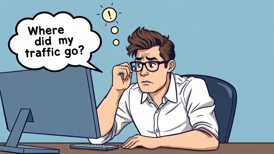 Stressed business owner questioning traffic drop with thought bubble 'Where did my traffic go?'