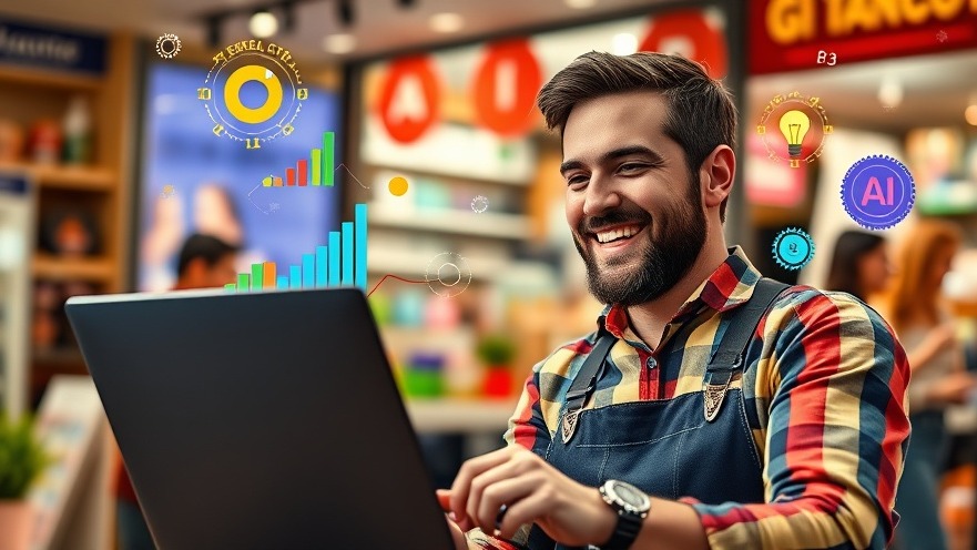 Small business owner smiling at a laptop amidst colorful analytics and AI icons.