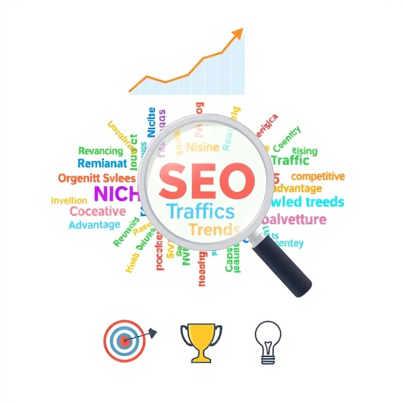 A flat design illustration showing a large magnifying glass hovering over a colorful word cloud. The word cloud contains various sizes of keywords, with the largest being 'Niche' and 'Rising' keywords at the center. Smaller words around them include examples like 'SEO', 'Traffic', 'Trends', and specific niche terms. Above the magnifying glass, a graph with an upward trend line represents growth. Below the word cloud, three simplified icons side by side represent: A target with an arrow (for targeted traffic) A trophy (for competitive advantage) A light bulb (for new ideas and opportunities) The background is a soft, gradient color to make the central elements pop. The overall style is clean, modern, and easily understandable at a glance."