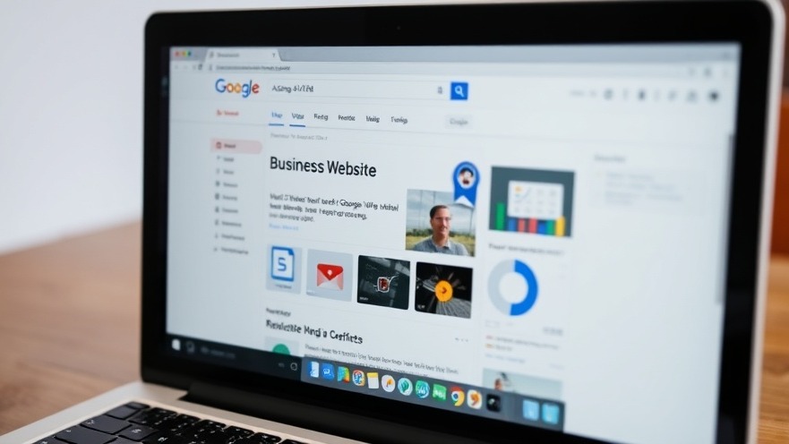 Close-up of a laptop displaying Google's AI Overview with business website and icons.