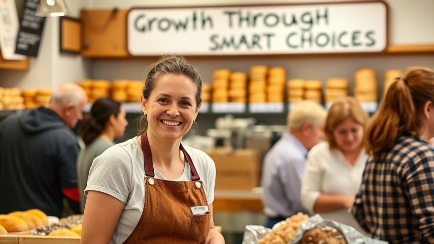Cheerful bakery owner with customers, embracing 'Growth Through Smart Choices'.