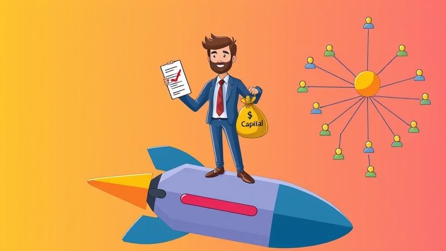 Vibrant illustration of a business owner on a rocket with checklist and money, symbolizing capital.