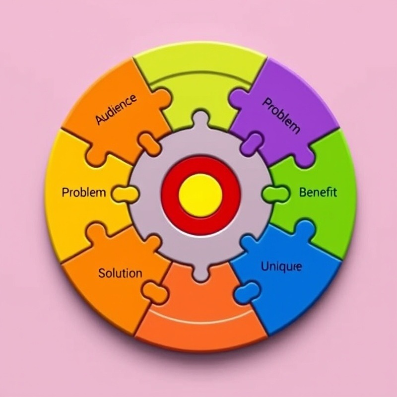 A puzzle with five interlocking pieces, each representing a key element of a value proposition (audience, problem, solution, benefit, uniqueness). The completed puzzle forms a bullseye target, symbolizing a well-crafted, targeted value proposition. Use vibrant colors and clean, modern design elements to make it visually appealing and easy to understand at a glance.