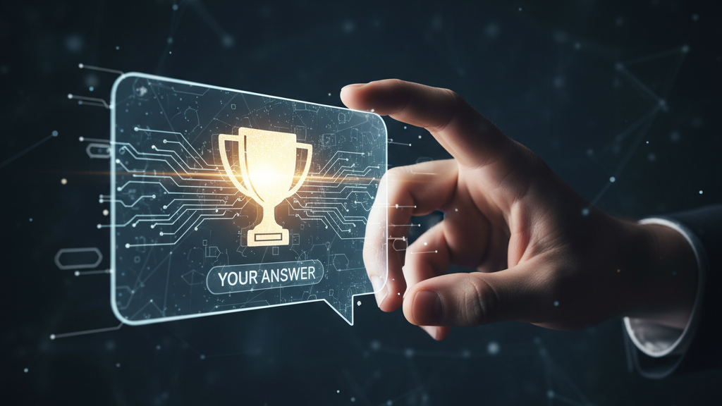A hand reaching out to instantly grab a glowing, trophy-shaped answer from a floating chat box, symbolizing a successful search result. Negative Prompt: Low resolution, extra limbs, watermark, artifacts, bad typography.