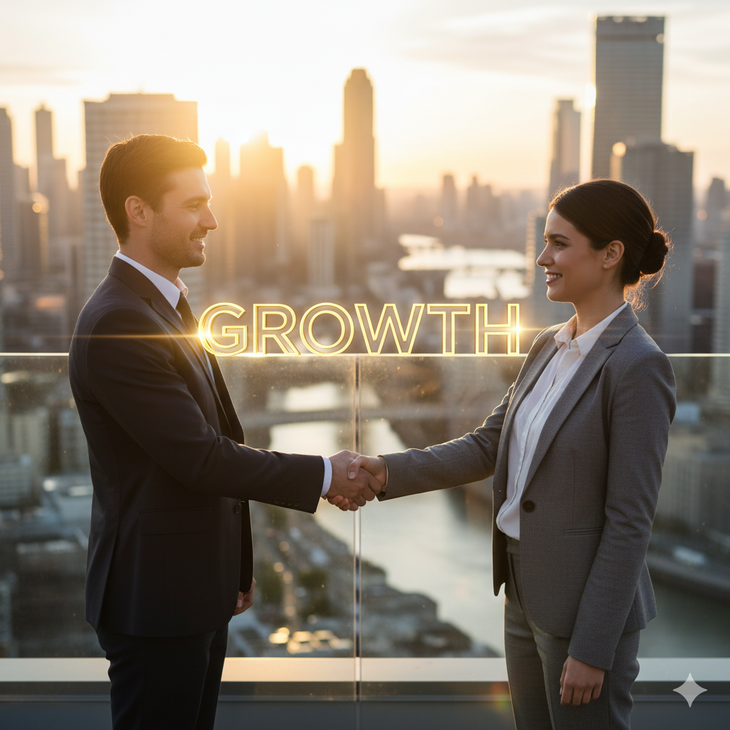 Two business owners shaking hands on a rooftop, city background, sunlight highlighting “growth”