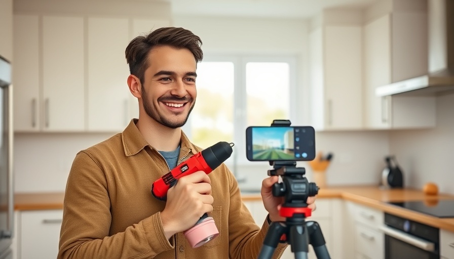 Handyman explaining tools to start a handyman business in modern kitchen.