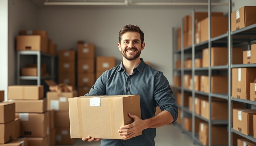 Smiling man holding boxes in office to increase website revenue.