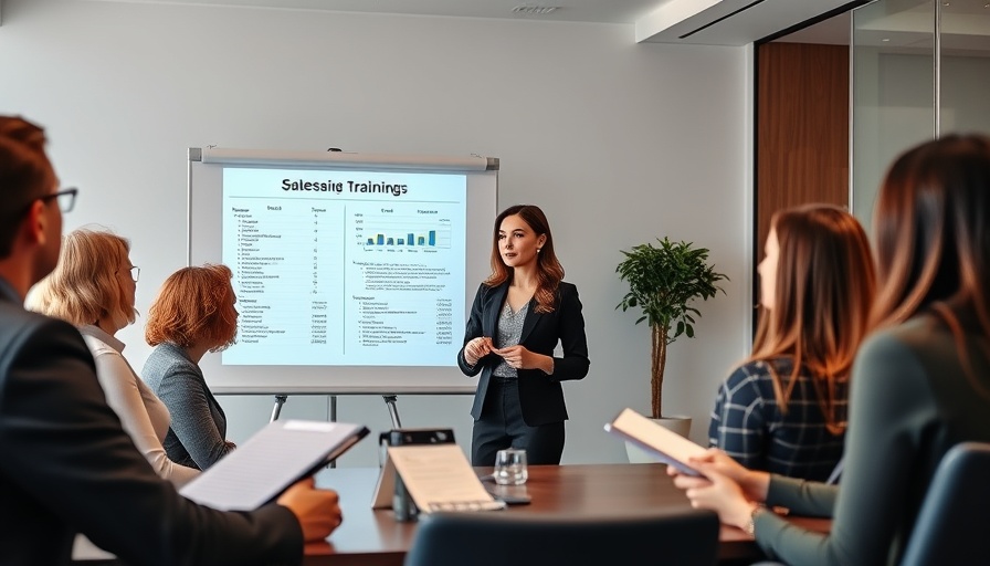 Businesswoman leads a sales training session with flip chart in modern office.