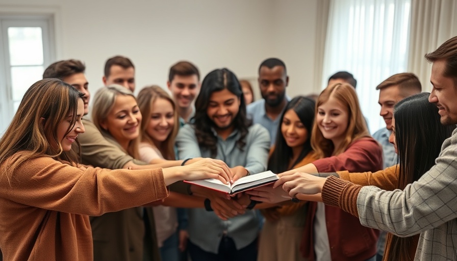 Group gathered in unity around a book, illustrating faith's influence.