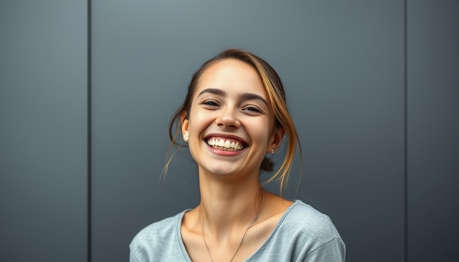 Joyful young woman smiling against gray background, new smile 2025