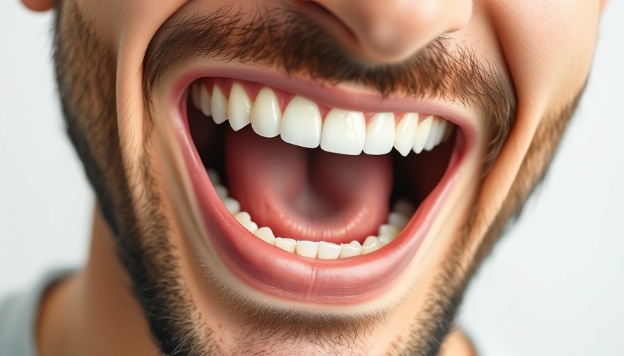 Close-up of man clenching teeth, dental details visible.