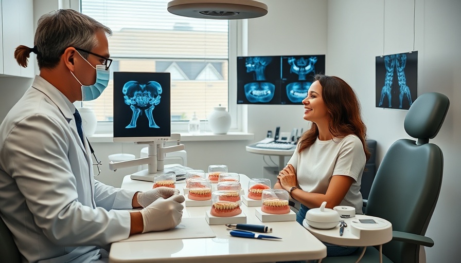 Periodontist consulting patient with dental models and X-rays.