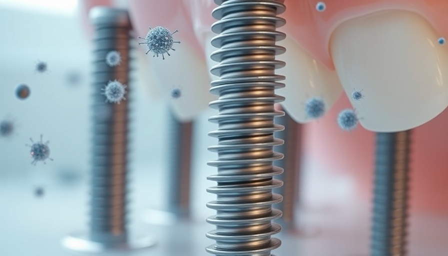 Dental implants with oral microbiome illustration.