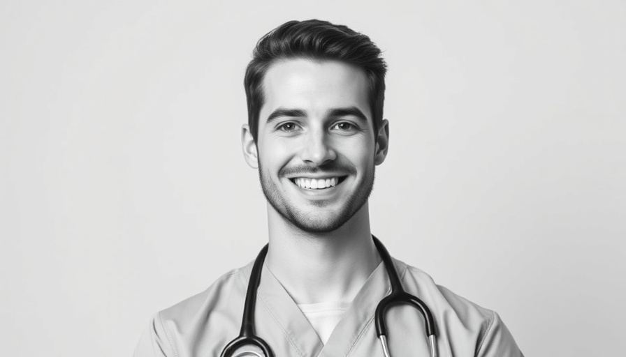 Confident young dentist smiling in black and white portrait.
