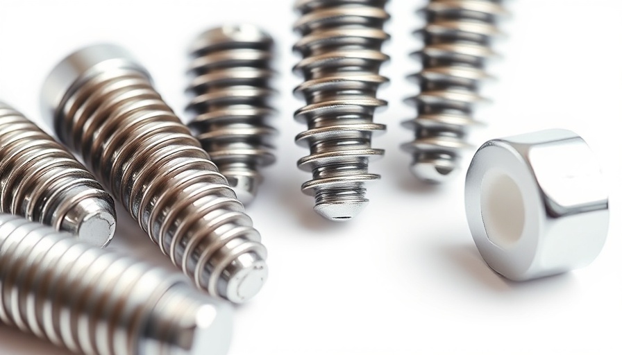 Close-up of dental implants on white surface, reflecting light.