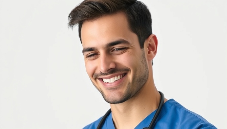 Young man in blue medical scrubs with a soft smile, representing oral health.