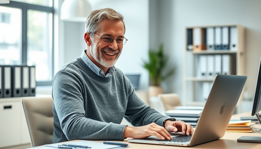 Man smiling at desk in office.