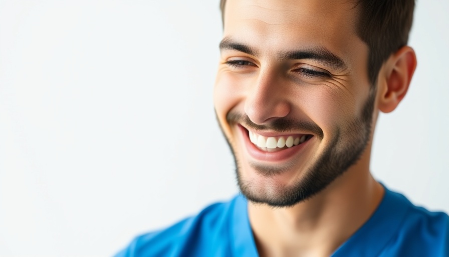 Young dentist in blue scrubs, professional portrait.