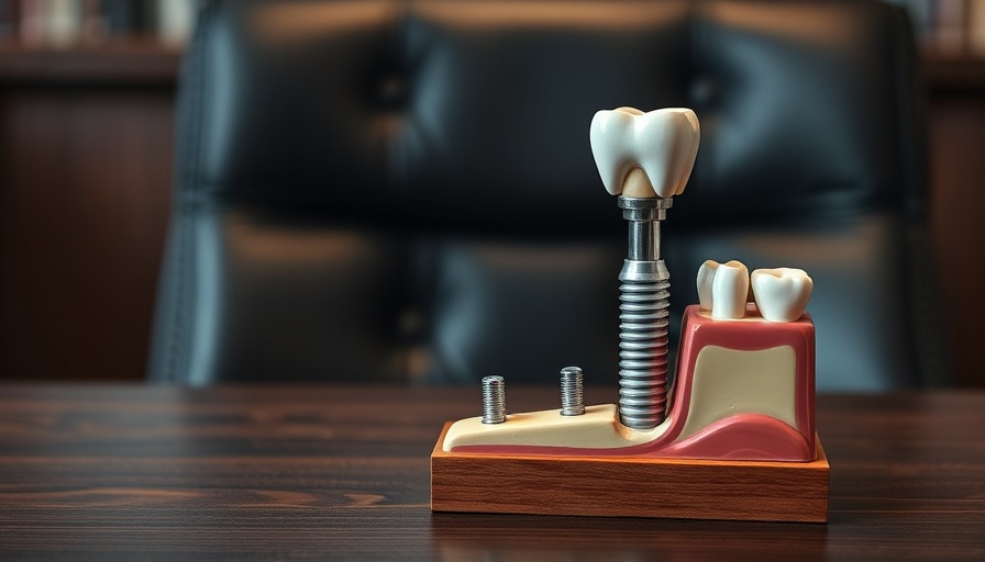 Dental implant model illustrating tooth structure, Dental implants abroad context.