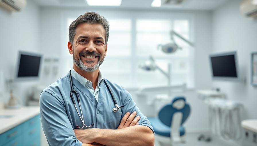 Confident dentist in clinic setting with dental equipment.