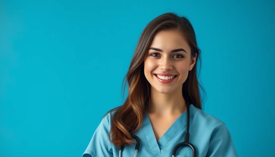 Confident young woman in scrubs smiling, highlighting oral health.