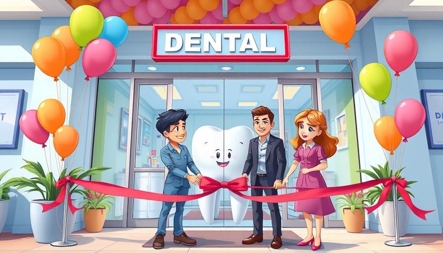 Grand opening of a dental clinic with ribbon-cutting, balloons