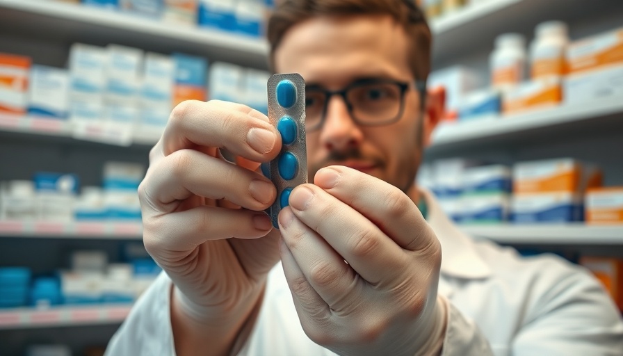 Pharmacist handling pills with pharmacy shelves behind, highlighting urgent dental care and antibiotic resistance.