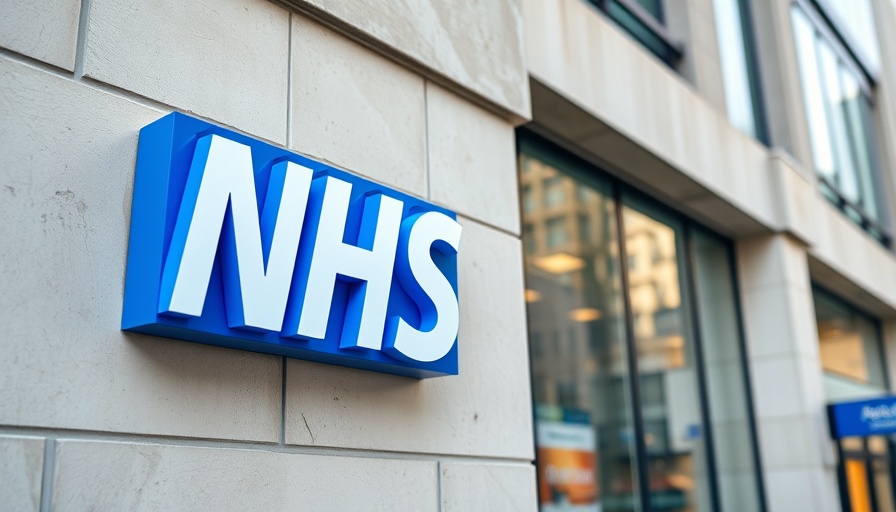 Blue NHS sign on building wall in urban setting, NHS satisfaction levels.