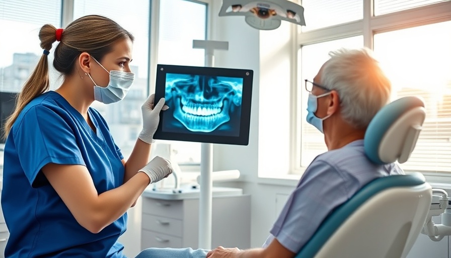 Dentist explaining X-ray to patient in a European clinic.