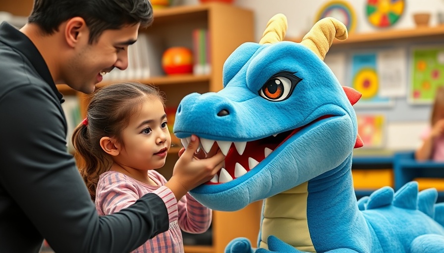 Young girl learns dental hygiene using toy dragon in classroom setting.