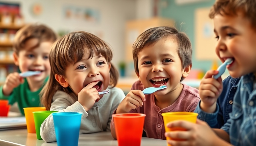 Children participating in a supervised tooth brushing program in a classroom.